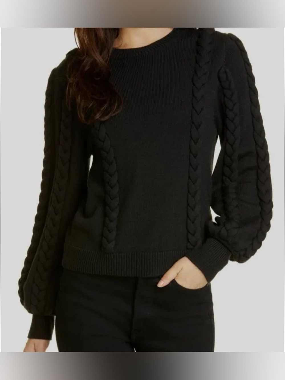 Joie Black Knit Balloon Sleeve Sweater with Braided Details Small